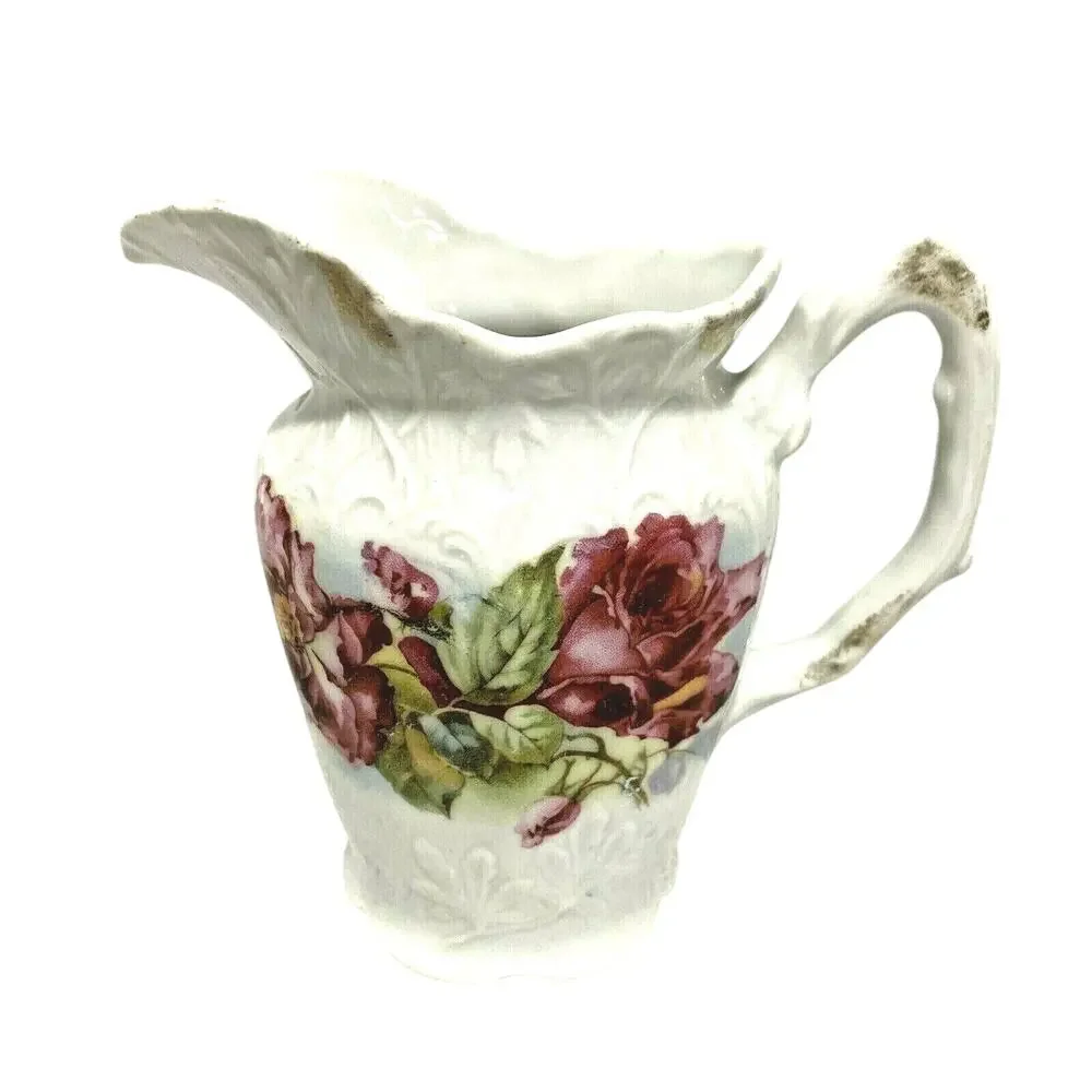Vintage Creamer Cottage Farmhouse Decor Art Nouveau porcelain pink & red flowers